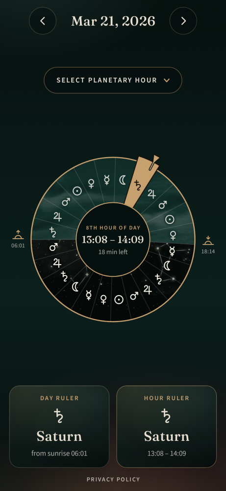 Horai on 21 March 2026: the wheel of the day's planetary hours, sunrise 06:01 and sunset 18:14, the eighth hour of the day marked, Saturn ruling the day and the hour.